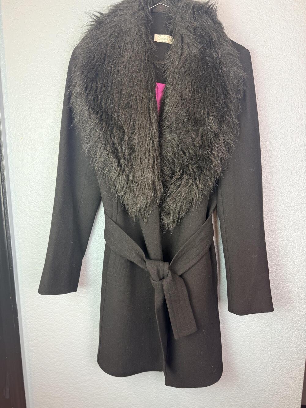 Scanlan & Theodore Coat Womens 10 Black Wool Belted Shawl Faux Fur Collar